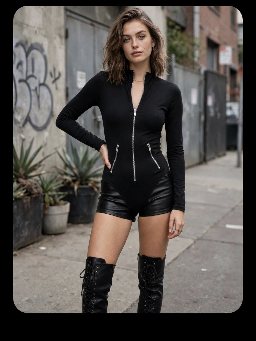 Zip-Front Black Long-Sleeve Bodysuit